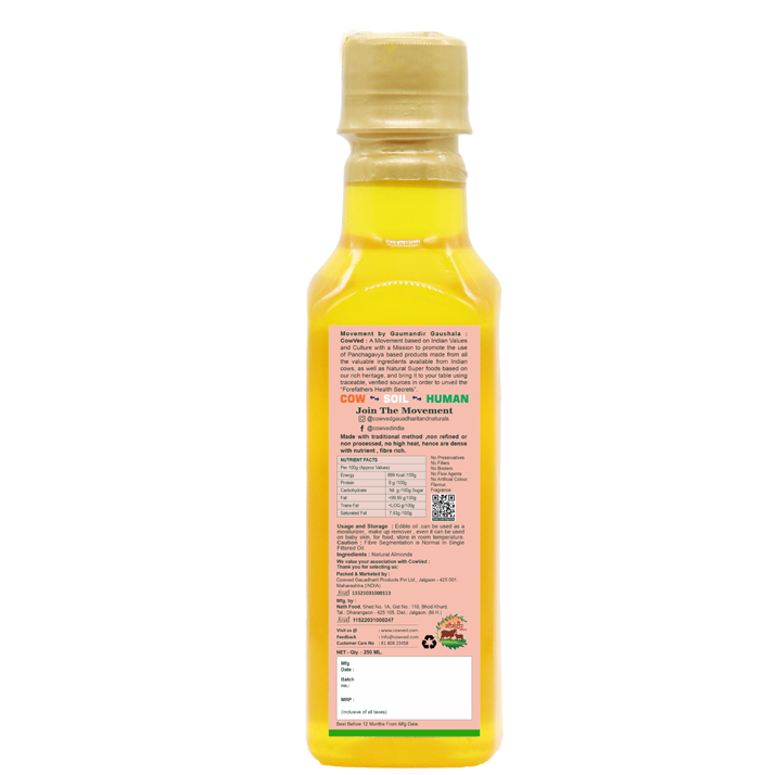 Almond Oil, Kashmiri Mamra Almond, Cold Pressed, Single Filtered, Unrefined ,250 Ml