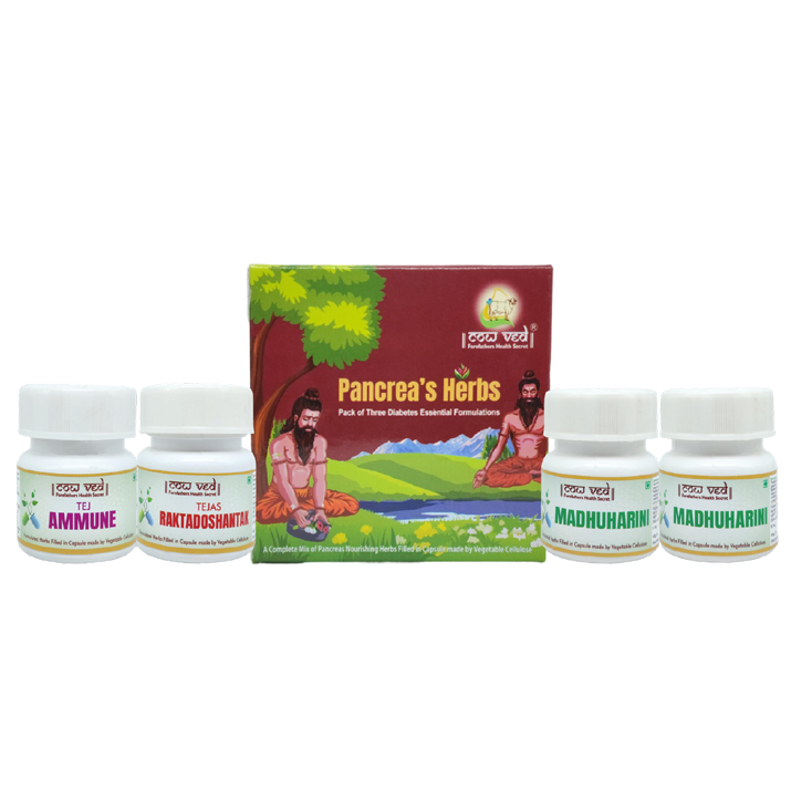 Pancreas Herbs (Pack Of Three Diabetes Essential Formulations Filled In Capsule Made Of Vegetable Cellulose  ) 1 Box = 4 Bottles For 1 Month)